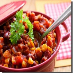 Chili con vegan Carne,  haricots rouges, poivrons, maïs, seitan