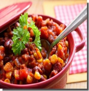Chili con vegan Carne,  haricots rouges, poivrons, maïs, seitan