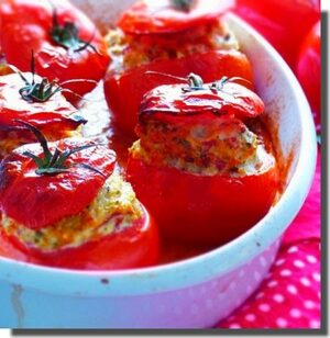 Stuffed and roasted tomatoes, creamy polenta,