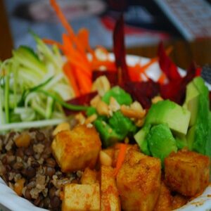 buddha bowl with diced tofu and smoked lentils