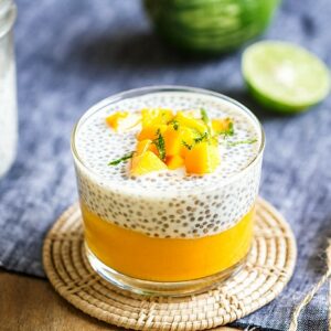 Chia pudding with mango, lemon and coconut